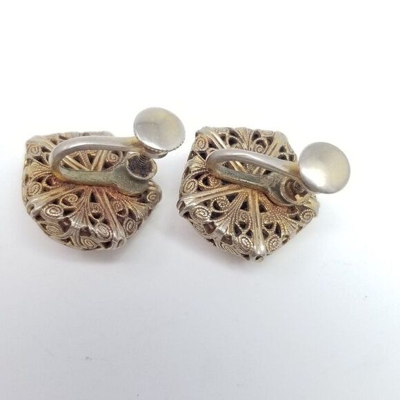 Vintage Unique Pentagon Shape Cabochon Clip On Earrings, Screw Backs, Retro - Picture 4 of 6